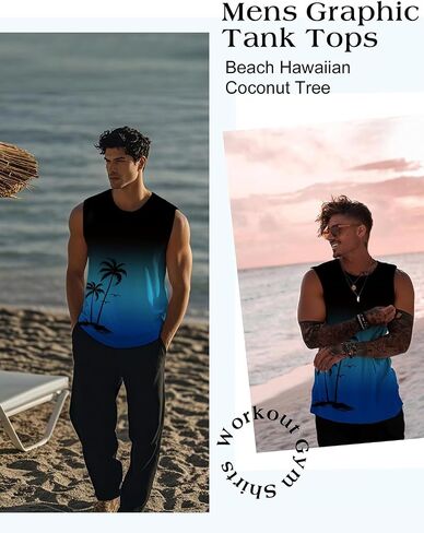 Mens Tank Tops Summer Gradient Sleeveless Shirts Hawaiian Print Vacation Tanks for Men Workout T-Shirt in Saudi Arabia