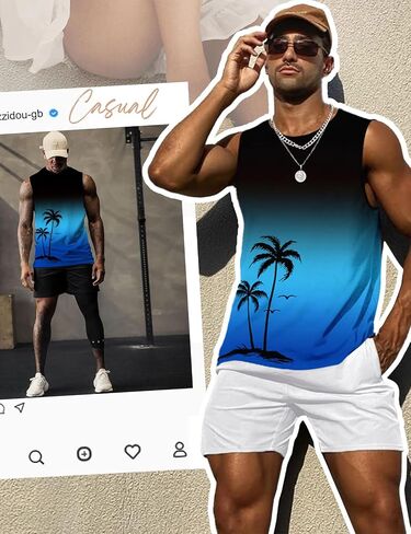 Mens Tank Tops Summer Gradient Sleeveless Shirts Hawaiian Print Vacation Tanks for Men Workout T-Shirt in Saudi Arabia