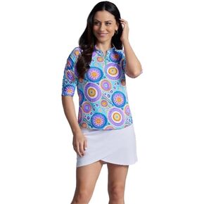 IBKUL Athleisure Wear Sun Protective UPF 50+ Icefil Cooling Leona Print Ruched Elbow Sleeve Top - 41933 in Kuwait