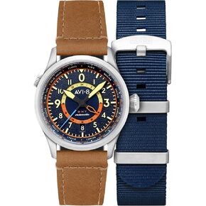 ساعة AVI-8 للرجال 41 ملم Flyboy Wingman Worldtimer GMT أوتوماتيكية بحزام جلدي AV-4120 in Kuwait
