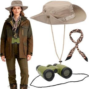 3 Pcs Halloween Safari Costume Sun Hats Bucket Hat Leopard Neck Scarf Binoculars Safari Zoo Keeper Explorer Outfit Outfit Accessories for Adult Halloween Cosplay Party in Kuwait