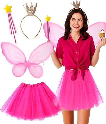 Mepase 4 قطع أزياء الجنية الوردية للهالوين للنساء إكسسوارات كتاب شخصية المعلم الوردي فراشة جناح الجنية تنورة توتو تاج عصابة رأس نجمة عصا سحرية لمحبي القراءة في يوم الكتاب المفضل in Kuwait