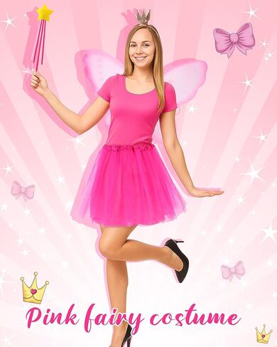 Mepase 4 قطع أزياء الجنية الوردية للهالوين للنساء إكسسوارات كتاب شخصية المعلم الوردي فراشة جناح الجنية تنورة توتو تاج عصابة رأس نجمة عصا سحرية لمحبي القراءة في يوم الكتاب المفضل in Kuwait