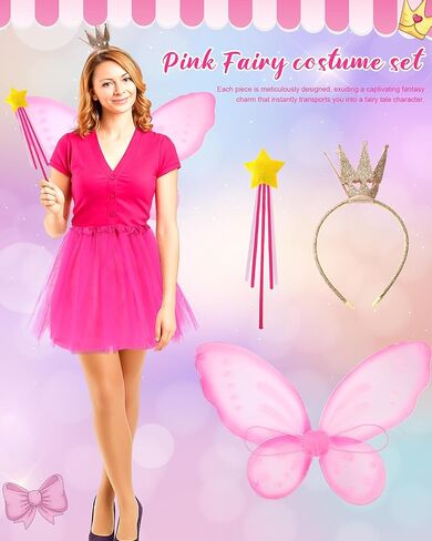 Mepase 4 قطع أزياء الجنية الوردية للهالوين للنساء إكسسوارات كتاب شخصية المعلم الوردي فراشة جناح الجنية تنورة توتو تاج عصابة رأس نجمة عصا سحرية لمحبي القراءة في يوم الكتاب المفضل in Kuwait