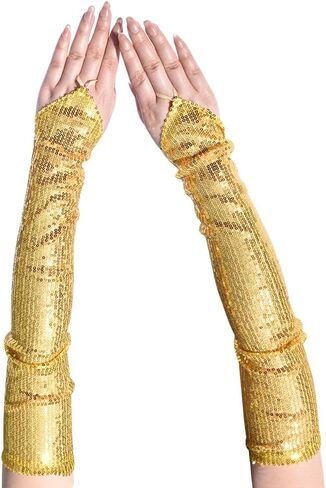 Mrotrida Women's Sequin Fingerless Gloves Shiny Stretchy Arm Warmer Sleeve for Evening Party Performance (Gold) in Kuwait