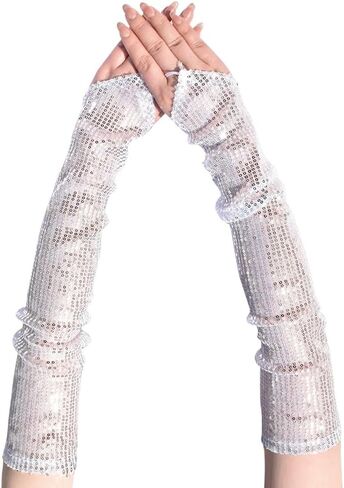 Mrotrida Women's Sequin Fingerless Gloves Shiny Stretchy Arm Warmer Sleeve for Evening Party Performance (Gold) in Kuwait