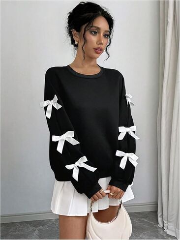 Verdusa Women's 3D Bow Sweatshirt Round Neck Long Sleeve Pullover Tops in Saudi Arabia