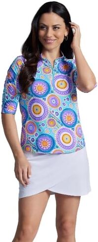 IBKUL Athleisure Wear Sun Protective UPF 50+ Icefil Cooling Leona Print Ruched Elbow Sleeve Top - 41933 in Kuwait