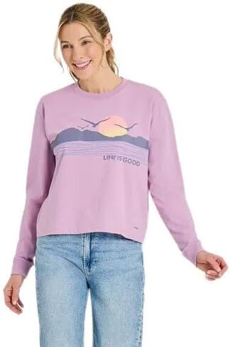 Life is Good. Women's Sunset Seagull Long Sleeve Crusher Boxy Tee, Violet Purple in Saudi Arabia