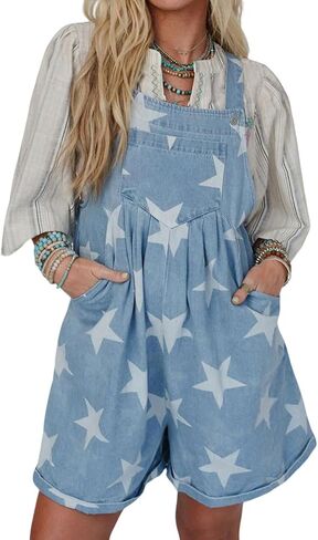 loveimgs Women Cute Ruffle Jean Romper Flared Denim Short Overall Dress Stars Print Sleeveless Straps Shortalls Y2k Summer in Saudi Arabia