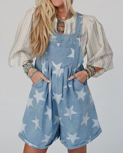 loveimgs Women Cute Ruffle Jean Romper Flared Denim Short Overall Dress Stars Print Sleeveless Straps Shortalls Y2k Summer in Saudi Arabia