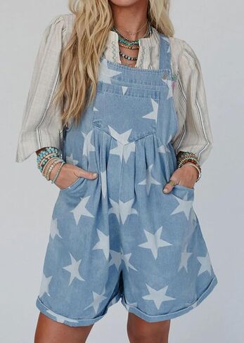 loveimgs Women Cute Ruffle Jean Romper Flared Denim Short Overall Dress Stars Print Sleeveless Straps Shortalls Y2k Summer in Saudi Arabia
