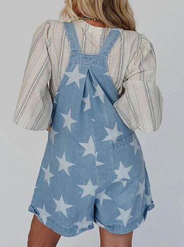 loveimgs Women Cute Ruffle Jean Romper Flared Denim Short Overall Dress Stars Print Sleeveless Straps Shortalls Y2k Summer in Saudi Arabia