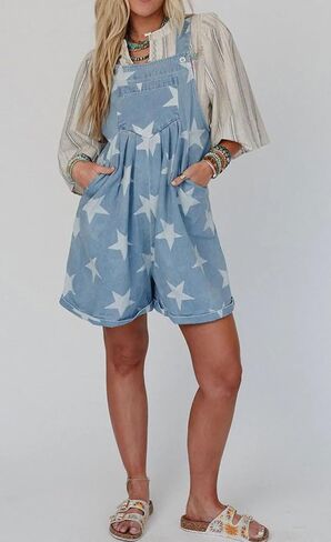 loveimgs Women Cute Ruffle Jean Romper Flared Denim Short Overall Dress Stars Print Sleeveless Straps Shortalls Y2k Summer in Saudi Arabia