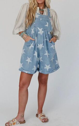 loveimgs Women Cute Ruffle Jean Romper Flared Denim Short Overall Dress Stars Print Sleeveless Straps Shortalls Y2k Summer in Saudi Arabia