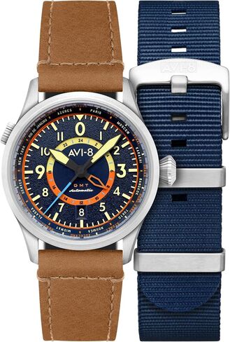 ساعة AVI-8 للرجال 41 ملم Flyboy Wingman Worldtimer GMT أوتوماتيكية بحزام جلدي AV-4120 in Kuwait