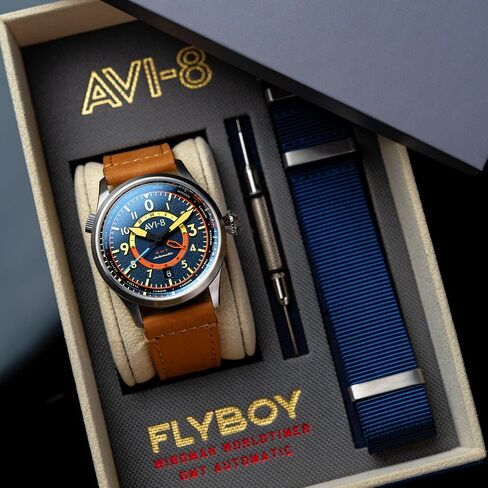 ساعة AVI-8 للرجال 41 ملم Flyboy Wingman Worldtimer GMT أوتوماتيكية بحزام جلدي AV-4120 in Kuwait