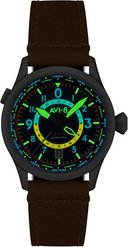 ساعة AVI-8 للرجال 41 ملم Flyboy Wingman Worldtimer GMT أوتوماتيكية بحزام جلدي AV-4120 in Kuwait