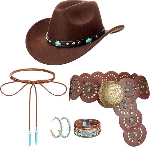 5 Pcs Boho Jewelry Western Hat Set Cowboy Hat Western Belt Boho Pendant Choker Layered Bracelet Dangle Earrings in Saudi Arabia