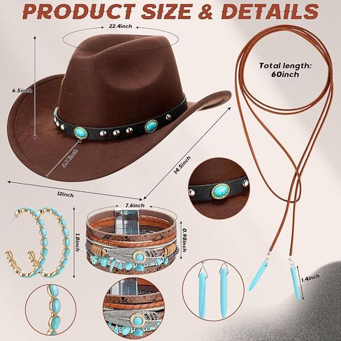 5 Pcs Boho Jewelry Western Hat Set Cowboy Hat Western Belt Boho Pendant Choker Layered Bracelet Dangle Earrings in Saudi Arabia