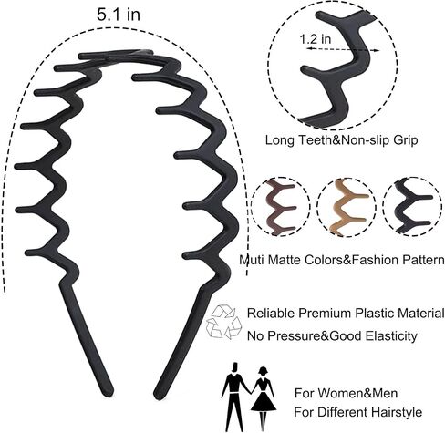 6 PCS Zig Zag Headbands Plastic Wavy Hair Head Band Comb with Teeth Hoop Accessories for Women Men Girls, Matte Morandi in Saudi Arabia