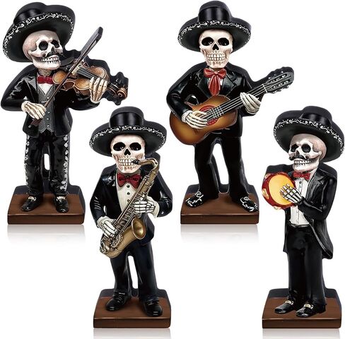 4 Pcs Skeletons Statue Mariachi Band Figurines Tabletop Decor Set Day of The Dead Sculpture Table Decor Wooden Mariachi Band Skull for Home Altar Halloween Party Supplies in Kuwait