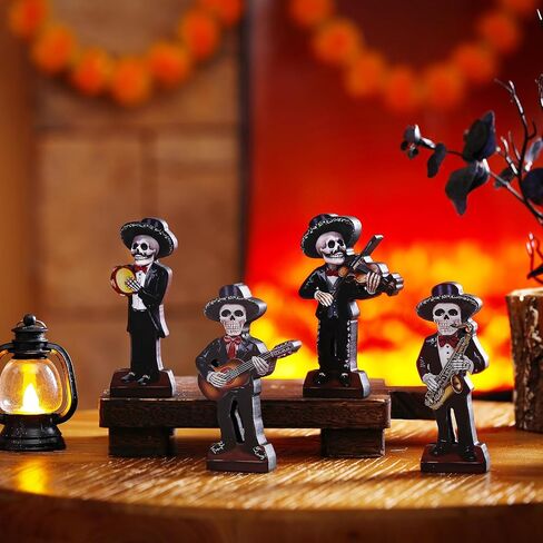 4 Pcs Skeletons Statue Mariachi Band Figurines Tabletop Decor Set Day of The Dead Sculpture Table Decor Wooden Mariachi Band Skull for Home Altar Halloween Party Supplies in Kuwait
