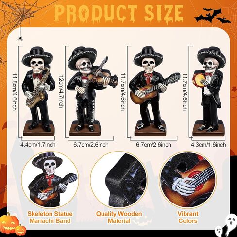 4 Pcs Skeletons Statue Mariachi Band Figurines Tabletop Decor Set Day of The Dead Sculpture Table Decor Wooden Mariachi Band Skull for Home Altar Halloween Party Supplies in Kuwait