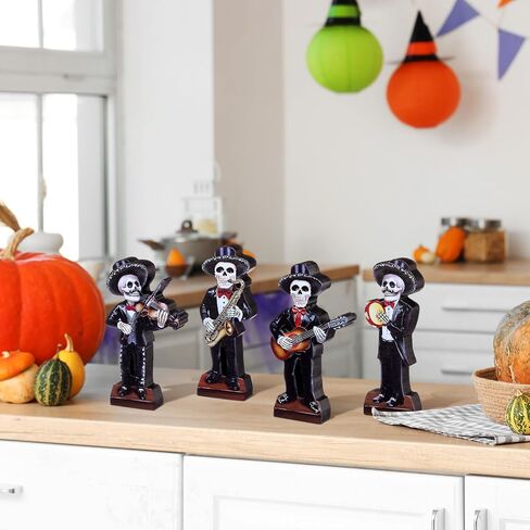 4 Pcs Skeletons Statue Mariachi Band Figurines Tabletop Decor Set Day of The Dead Sculpture Table Decor Wooden Mariachi Band Skull for Home Altar Halloween Party Supplies in Kuwait