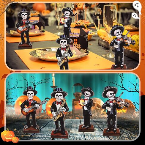 4 Pcs Skeletons Statue Mariachi Band Figurines Tabletop Decor Set Day of The Dead Sculpture Table Decor Wooden Mariachi Band Skull for Home Altar Halloween Party Supplies in Kuwait