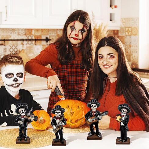 4 Pcs Skeletons Statue Mariachi Band Figurines Tabletop Decor Set Day of The Dead Sculpture Table Decor Wooden Mariachi Band Skull for Home Altar Halloween Party Supplies in Kuwait