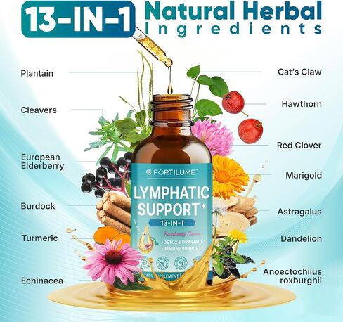Lymphatic Drainage Drops, 13 in 1 Lymphatic Support Supplements with Elderberry & Echinacea, Immune & Lymph System Support, Raspberry Flavor, 2 Fl.Oz (30 Servings) in Saudi Arabia