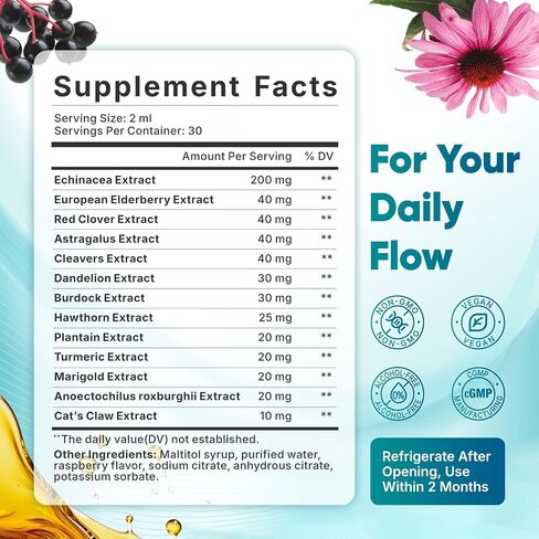 Lymphatic Drainage Drops, 13 in 1 Lymphatic Support Supplements with Elderberry & Echinacea, Immune & Lymph System Support, Raspberry Flavor, 2 Fl.Oz (30 Servings) in Saudi Arabia