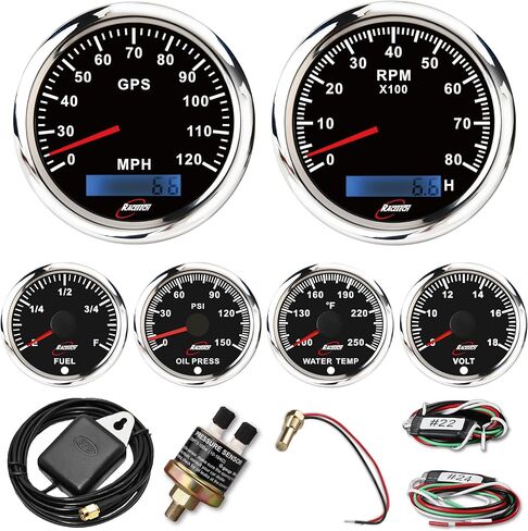 مجموعة أدوات بحرية 6 قياسات 7 ألوان سوداء 3-3/8 بوصة 85 مم GPS عداد السرعة 160 ميل في الساعة عداد المسافات 10000 دورة في الدقيقة 2-1/16 بوصة 52 مم 240 مقياس الوقود 240-33 أوم ضغط الزيت ودرجة حرارة الماء فولت 12 فولت 24 فولت شاحنة in Kuwait