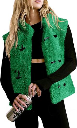 Tanakneo Womens Fuzzy Fleece Vest Cropped Sleeveless Sherpa Jacket Stand Collar Toggle Warm Outerwear Vest in Saudi Arabia