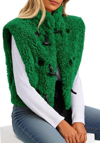 Tanakneo Womens Fuzzy Fleece Vest Cropped Sleeveless Sherpa Jacket Stand Collar Toggle Warm Outerwear Vest in Saudi Arabia