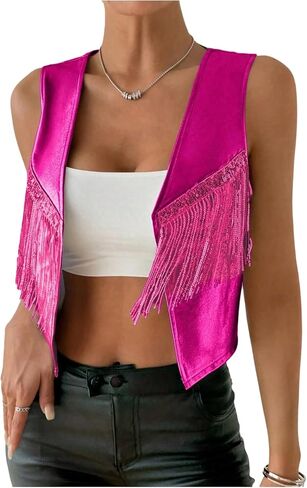 SHENHE Women's Metallic Sequin Fringe Vest Open Front Sleeveless Crop Jacket Rave Clubwear in Saudi Arabia