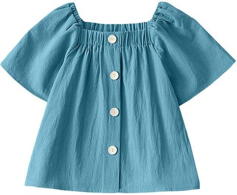 Teen Girls Cute Summer Tops Smock Square Neck Short Sleeve Button Down Shirts Casual Lightweight Gauze Blouses in Saudi Arabia