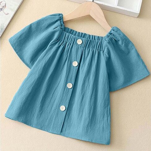 Teen Girls Cute Summer Tops Smock Square Neck Short Sleeve Button Down Shirts Casual Lightweight Gauze Blouses in Saudi Arabia