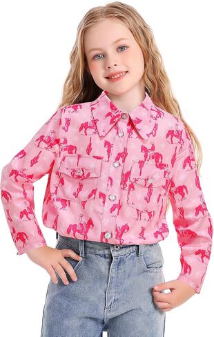 Girls Western Shirt Long Sleeve Collared Retro Button Down Shirts for Teen Cowboy Style Country Outfit in Saudi Arabia