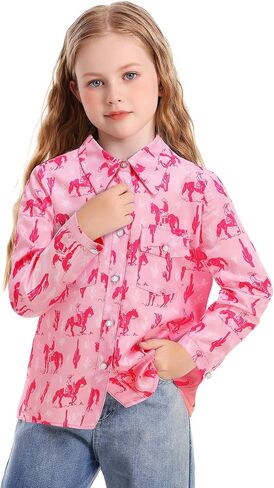 Girls Western Shirt Long Sleeve Collared Retro Button Down Shirts for Teen Cowboy Style Country Outfit in Saudi Arabia