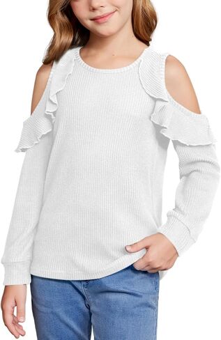 Girls Fall Cold Shoulder Knit Shirts | Long Ruffle Sleeve Crew Neck Casual Cozy Pullover Top, 6–14 Years in Saudi Arabia
