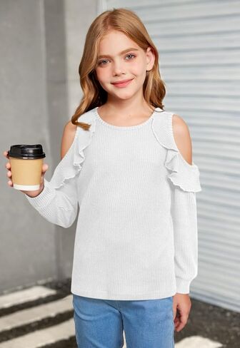 Girls Fall Cold Shoulder Knit Shirts | Long Ruffle Sleeve Crew Neck Casual Cozy Pullover Top, 6–14 Years in Saudi Arabia