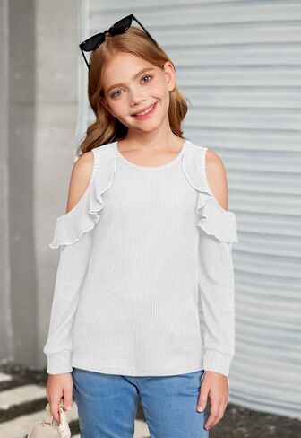 Girls Fall Cold Shoulder Knit Shirts | Long Ruffle Sleeve Crew Neck Casual Cozy Pullover Top, 6–14 Years in Saudi Arabia