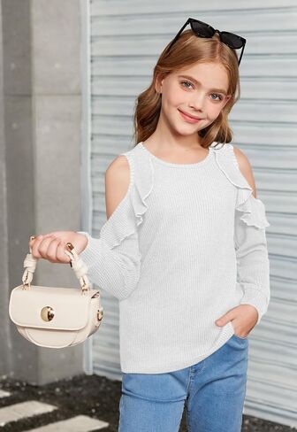 Girls Fall Cold Shoulder Knit Shirts | Long Ruffle Sleeve Crew Neck Casual Cozy Pullover Top, 6–14 Years in Saudi Arabia