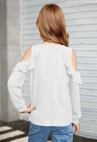 Girls Fall Cold Shoulder Knit Shirts | Long Ruffle Sleeve Crew Neck Casual Cozy Pullover Top, 6–14 Years in Saudi Arabia