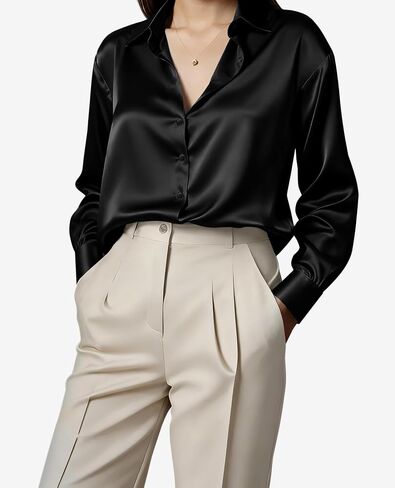 siliteelon Silk Blouses for Women Sation Button Down Shirts Casual Long Sleeve Shirt Business Office Work Tunic Tops in Saudi Arabia