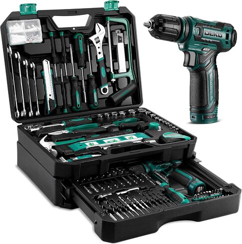 Pink Tool Kit Box Drill Set：DEKOPRO Home Mechanic Toolbox with 12V Power Cordless Drill Hand Repair Tools Sets Combo Kits Storage Organizer Drawer Case for Women in Kuwait