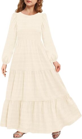 MITILLY Girls Maxi Dress Puff Long Sleeve Crew Neck A-Line Ruffle Tiered Casual Party Dresses with Pockets in Saudi Arabia