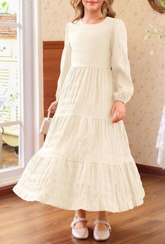 MITILLY Girls Maxi Dress Puff Long Sleeve Crew Neck A-Line Ruffle Tiered Casual Party Dresses with Pockets in Saudi Arabia